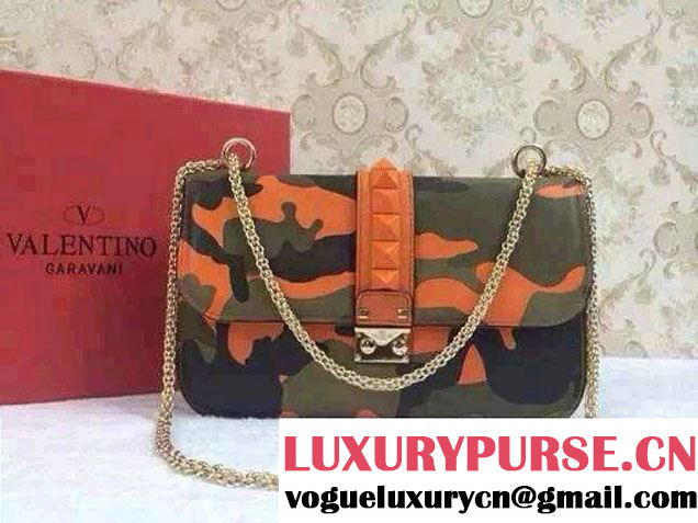 Valentino Rockstud Camouflage Print Flap Shoulder Large Bag Orange