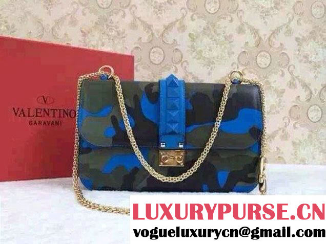 Valentino Rockstud Camouflage Print Flap Shoulder Large Bag Blue