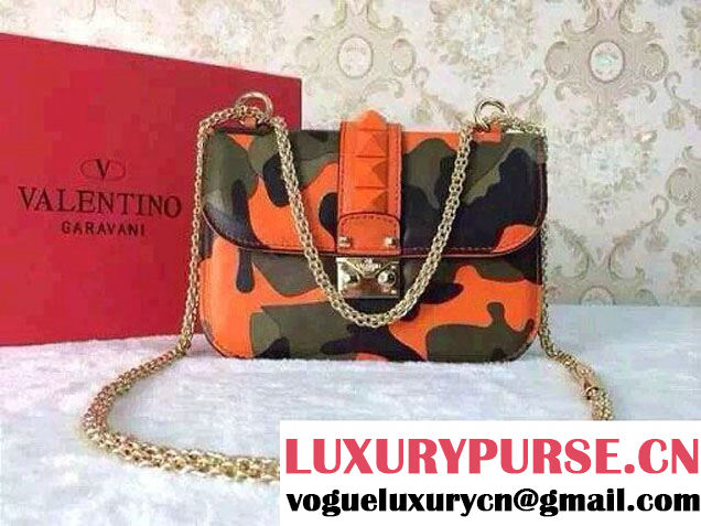 Valentino Rockstud Camouflage Print Flap Shoulder Small Bag Orange