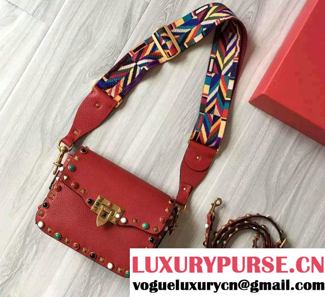 Valentino Multi-colored Cabochon Stones Rockstud Rolling Cross Body Shoulder Small Bag Red 2016