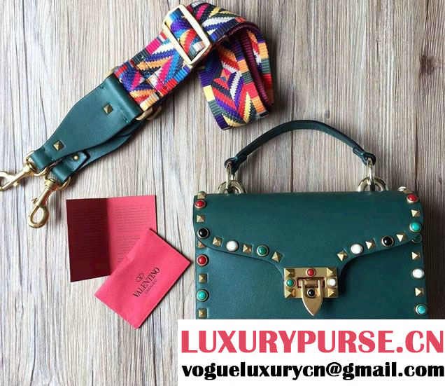 Valentino Multi-colored Cabochon Stones Rockstud Rolling Top Handle Shoulder Bag Green 2016