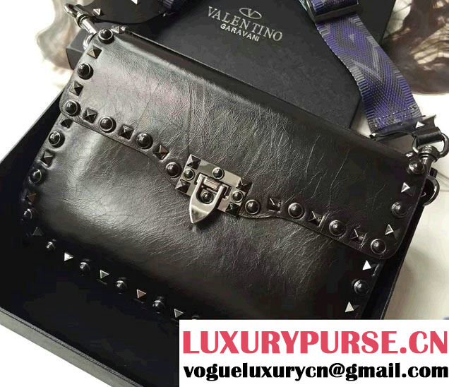 Valentino Crinkled Leather Rockstud Rolling Noir Cross Body Shoulder Large Bag 2016