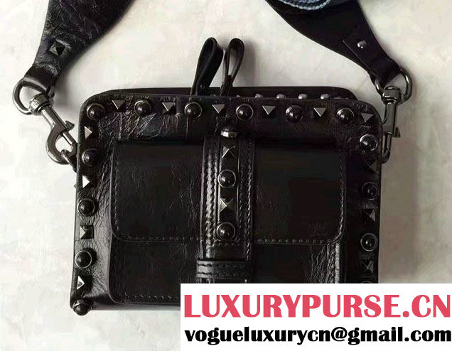 Valentino Crinkled Leather Rockstud Rolling Noir Shoulder Small Bag 2016