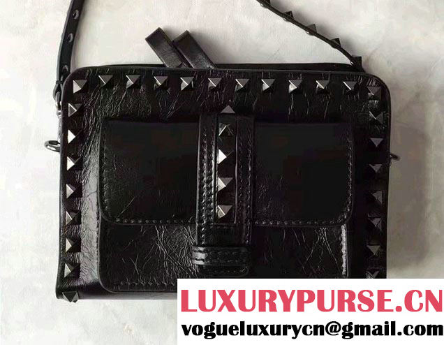 Valentino Crinkled Leather Rockstud Noir Shoulder Small Bag 2016