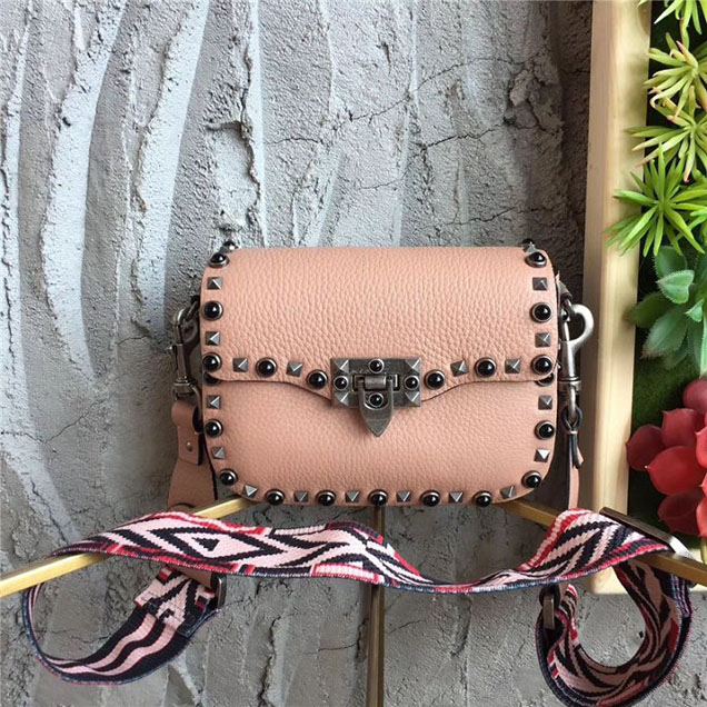 Valentino Rolling Rockstud Guitar Strap Black Studs Grained Calfskin Leather Shoulder 20cm Bag Fall Winter 2017 Collection Pink