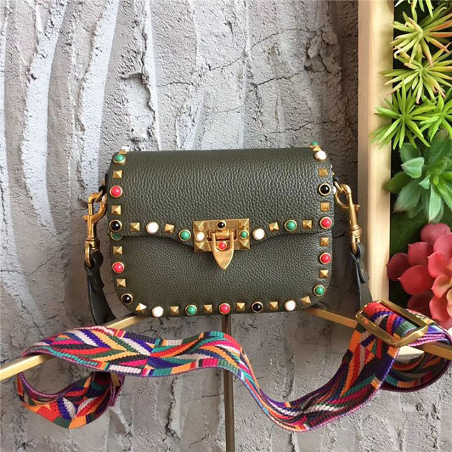 Valentino Rolling Rockstud Guitar Strap Multicolor Studs Grained Calfskin Leather Shoulder 20cm Bag Fall Winter 2017 Collection Green