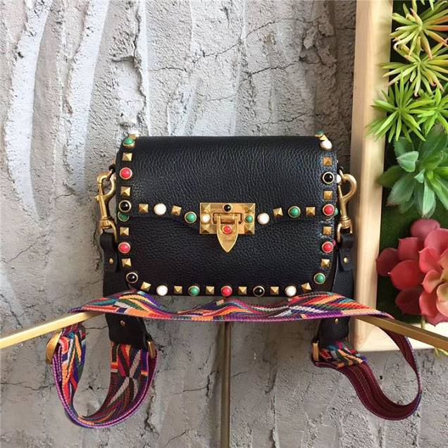 Valentino Rolling Rockstud Guitar Strap Multicolor Studs Grained Calfskin Leather Shoulder 20cm Bag Fall Winter 2017 Collection Black