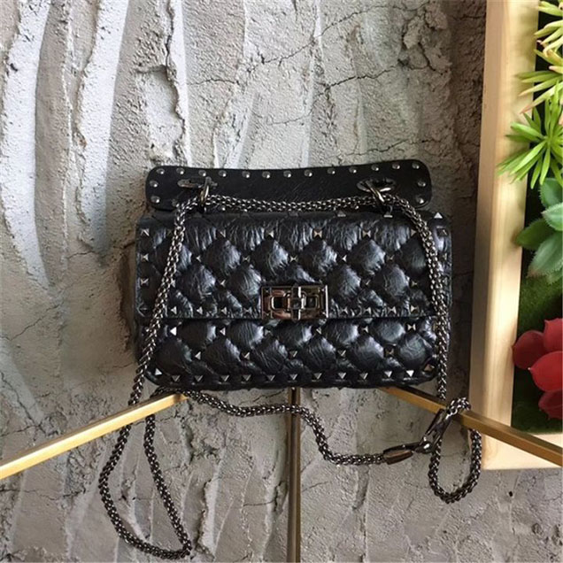 Valentino Garavani Spike Rockstud Small Shoulder 20cm Bag Distressed Calfskin Leather Fall Winter 2017 Collection Black