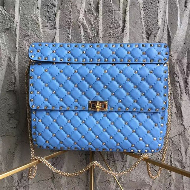 Valentino Garavani Spike Rockstud Large Shoulder 29cm Bag Calfskin Leather Fall Winter 2017 Collection Sky Blue