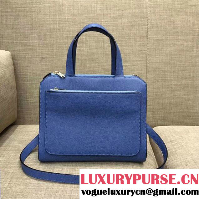 Valextra Passepartout Media Top Handle Bag in Grained Calfskin Blue 2018 (1A021-7120621 )