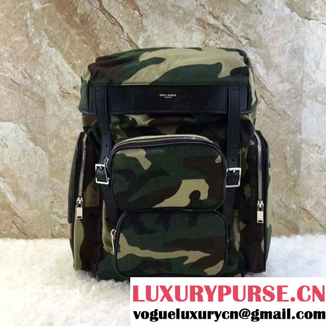 Saint Laurent 342609 Hunting Rucksack Backpack In Camouflage Canvas and Black Leather (1A021-6062222 )