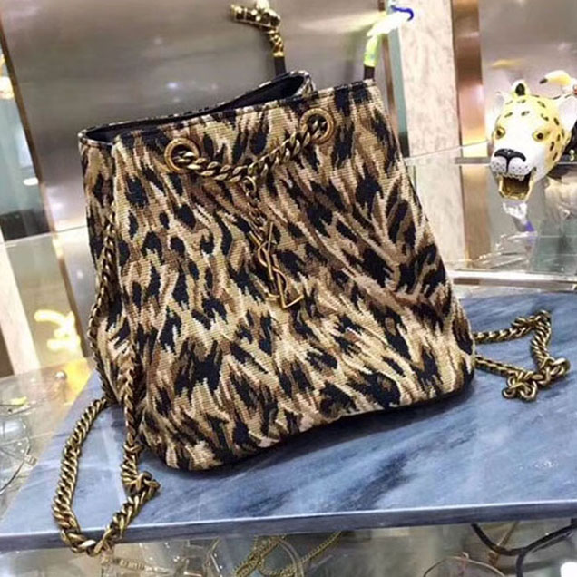 Saint Laurent Emmanuelle Woven Leopard Print Small Bucket Bag