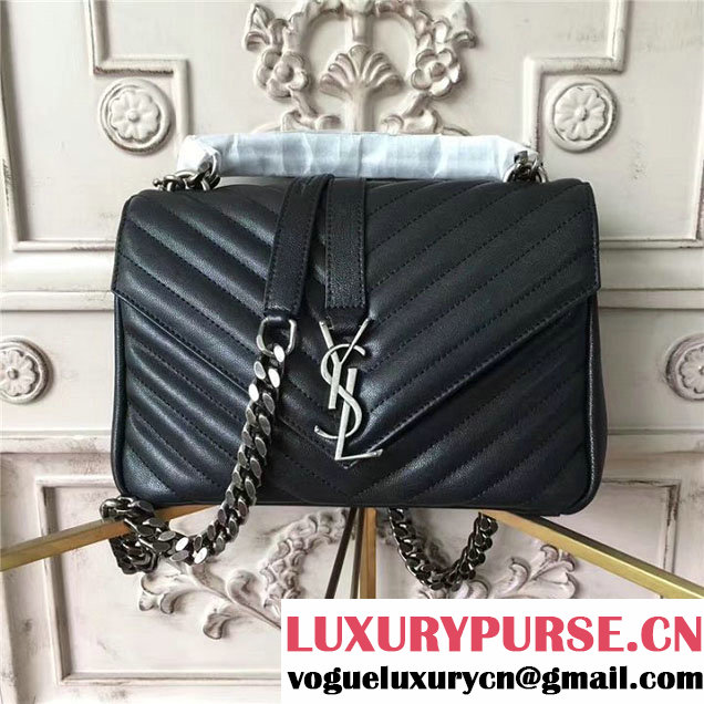 YSL Saint Laurent Classic Monogram Chevron Matelasse Medium Silver Chain Satchel 24cm Calfskin Leather Fall Winter 2017 Collection Black