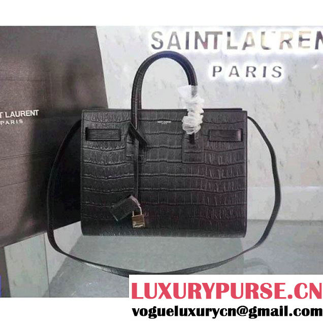 Saint Laurent Classic Small Sac De Jour Bag in Black Crocodile Embossed Leather (JD-052157 )