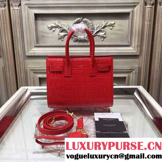 Saint Laurent Classic Nano Sac De Jour Bag in Red Crocodile Embossed Leather (1c113-071861 )