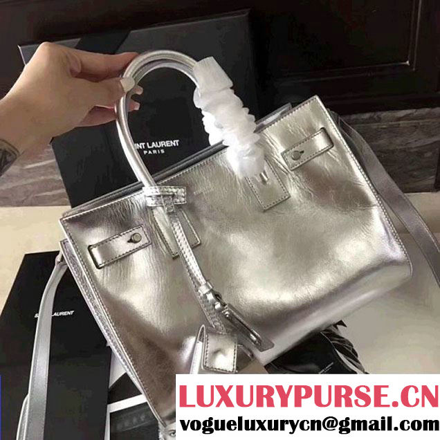 Saint Laurent 477477 Baby Sac De Jour Souple Bag in Crumpled Silver Calf Leather (1A130-8011729 )