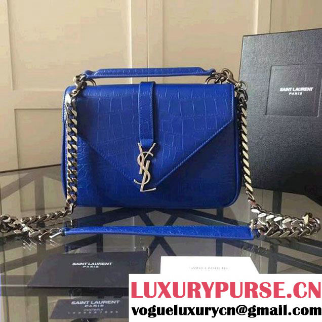 Saint Laurent Classic Medium Monogram College Bag In Crocodile Pattern Calfskin Royal Blue 392737 (KLY-6092207 )