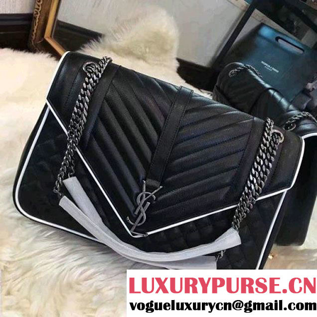Saint Laurent Mixed Matelassé Leather Classic Large Monogram Satchel Bag 440115 Black/Dove 2017 (1A130-7011204 )