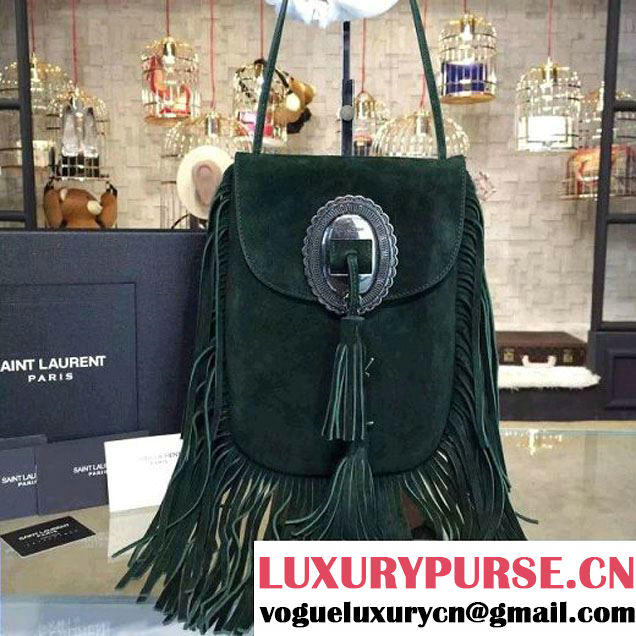 Saint Laurent 395012 Anita Tasseled Flat Bag In Dark Green Suede 2016 (1a130-6011632 )