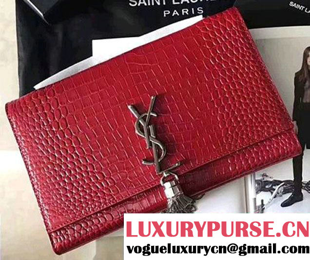 Saint Laurent Classic Medium Kate Sliver Monogram Tassel Satchel Crocodile Embossed Shoulder Bag 354119 Red