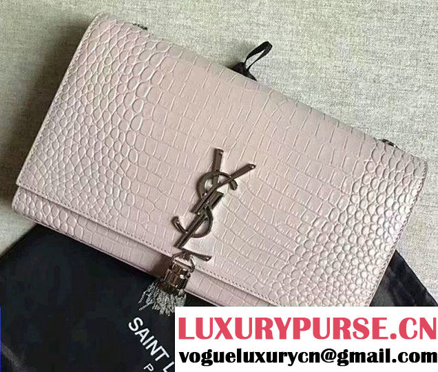 Saint Laurent Classic Medium Kate Sliver Monogram Tassel Satchel Crocodile Embossed Shoulder Bag 354119 Pink