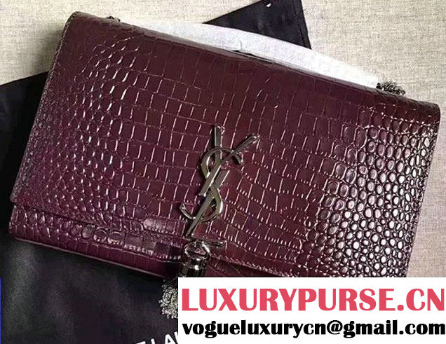 Saint Laurent Classic Medium Kate Sliver Monogram Tassel Satchel Crocodile Embossed Shoulder Bag 354119 Burgundy