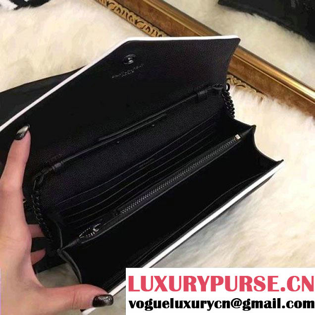 Saint Laurent Grain De Poudre Textured Leather Chain Wallet 360452 White/Black 2017 (1A130-7011208 )