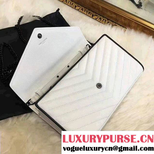 Saint Laurent Grain De Poudre Textured Leather Chain Wallet 360452 White/Black 2017 (1A130-7011209 )