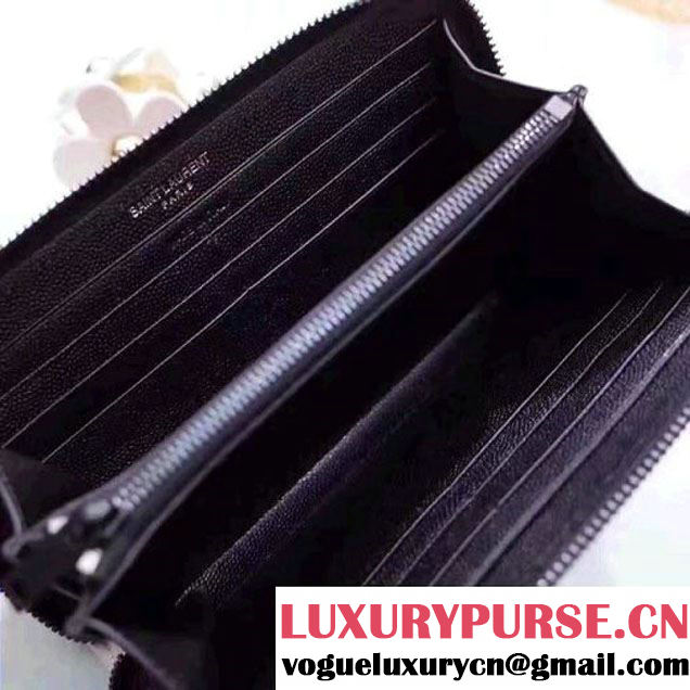 Saint Laurent Long Zip Around Wallet In Grain De Pouder Calfskin 358094 Black/Dove 2017 (1A130-7011212 )