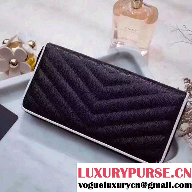 Saint Laurent Long Zip Around Wallet In Grain De Pouder Calfskin 358094 Black/Dove 2017 (1A130-7011212 )