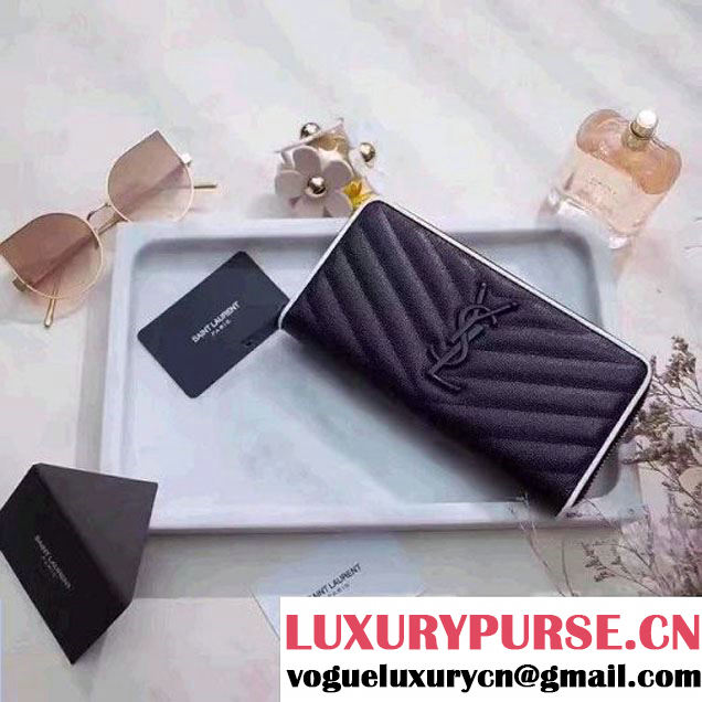 Saint Laurent Long Zip Around Wallet In Grain De Pouder Calfskin 358094 Black/Dove 2017 (1A130-7011212 )