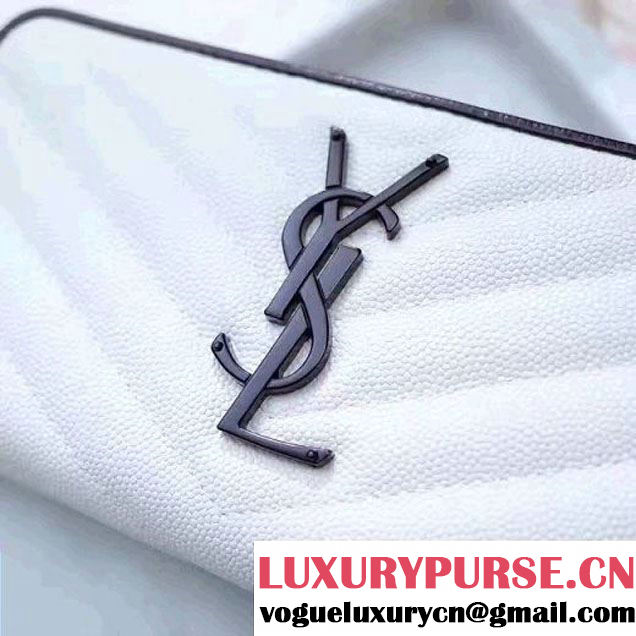 Saint Laurent Long Zip Around Wallet In Grain De Pouder Calfskin 358094 White/Black 2017 (1A130-7011213 )
