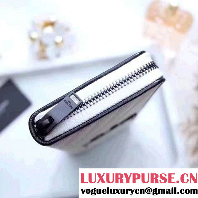 Saint Laurent Long Zip Around Wallet In Grain De Pouder Calfskin 358094 White/Black 2017 (1A130-7011213 )