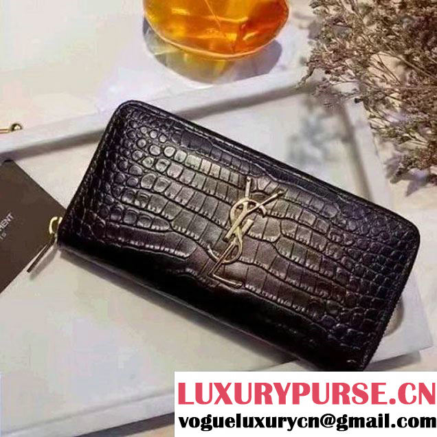 Saint Laurent Long Zip Around Wallet In Black Crocodile Embossed Cafskin 358094 2017 (1A130-7011214 )