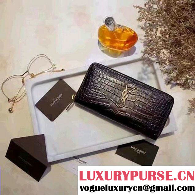 Saint Laurent Long Zip Around Wallet In Black Crocodile Embossed Cafskin 358094 2017 (1A130-7011214 )