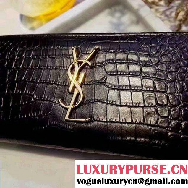 Saint Laurent Long Zip Around Wallet In Black Crocodile Embossed Cafskin 358094 2017 (1A130-7011214 )