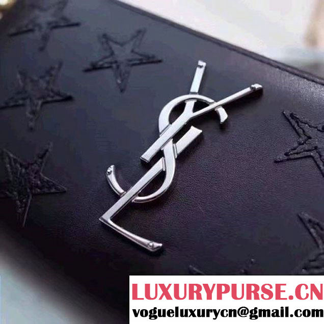 Saint Laurent Long Zip Around Wallet In Black Smooth Calfskin With Star 358094 2017 (1A130-7011215 )