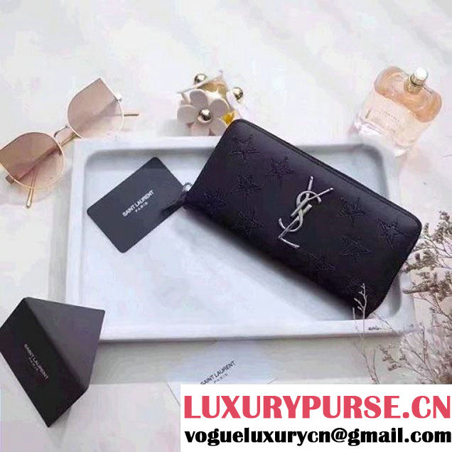Saint Laurent Long Zip Around Wallet In Black Smooth Calfskin With Star 358094 2017 (1A130-7011215 )
