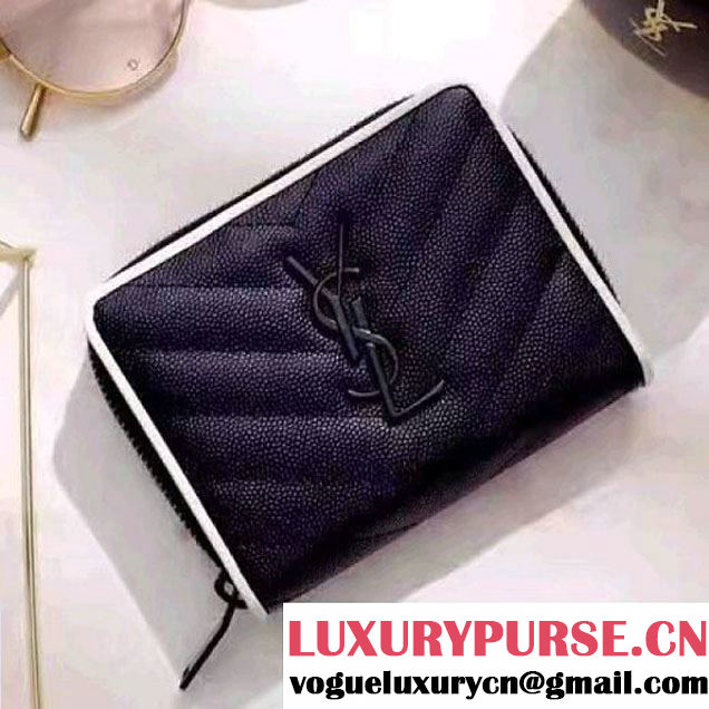 Saint Laurent Compact Zip Around Wallet In Grain De Pouder Calfskin 403723 Black/Dove 2017 (1A130-7011216 )