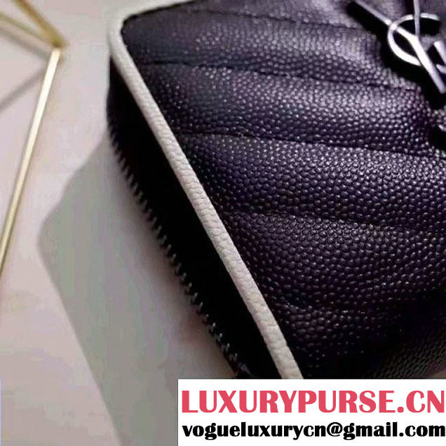 Saint Laurent Compact Zip Around Wallet In Grain De Pouder Calfskin 403723 Black/Dove 2017 (1A130-7011216 )