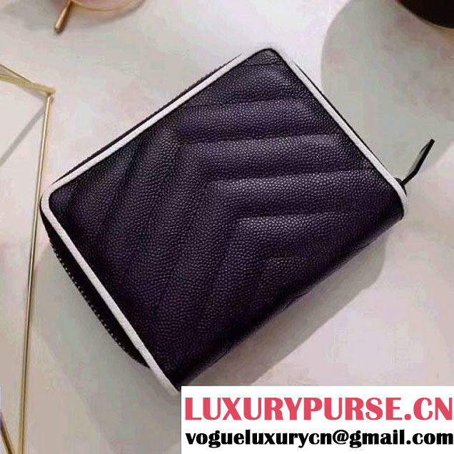 Saint Laurent Compact Zip Around Wallet In Grain De Pouder Calfskin 403723 Black/Dove 2017 (1A130-7011216 )