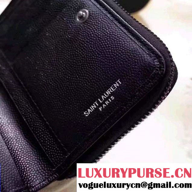 Saint Laurent Compact Zip Around Wallet In Grain De Pouder Calfskin 403723 Black/Dove 2017 (1A130-7011216 )