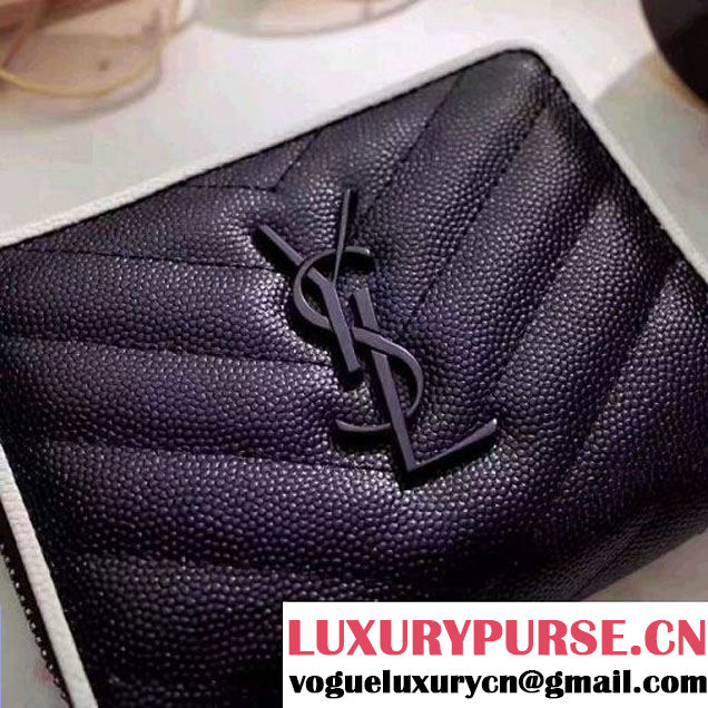 Saint Laurent Compact Zip Around Wallet In Grain De Pouder Calfskin 403723 Black/Dove 2017 (1A130-7011216 )