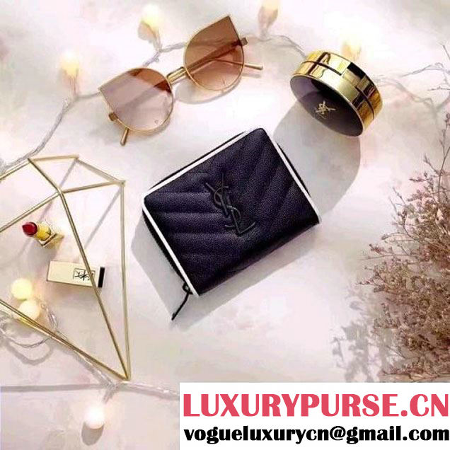 Saint Laurent Compact Zip Around Wallet In Grain De Pouder Calfskin 403723 Black/Dove 2017 (1A130-7011216 )