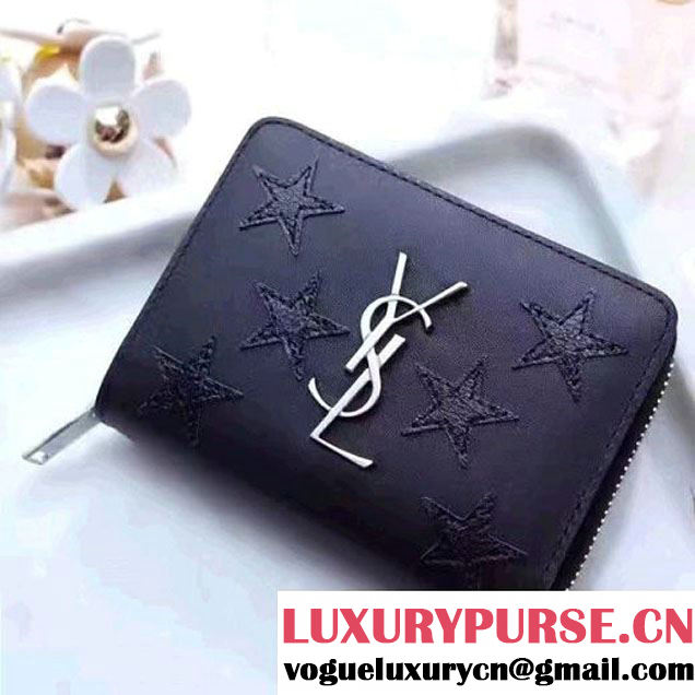 Saint Laurent Compact Zip Around Wallet In Black Smooth Calfskin With Star 403723 2017 (1A130-7011218 )
