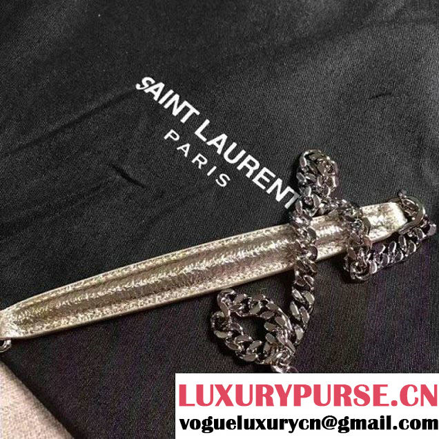 Saint Laurent  452157 Chain Wallet In Silver Grained Metallic Leather 2017 (1a130-7042651 )