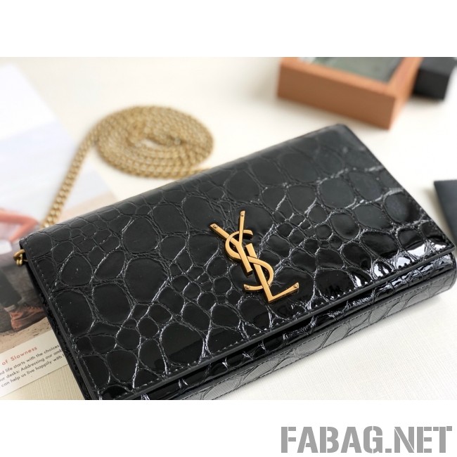 Saint Laurent Kate Wallet on Chain in Patent Tortoise Embossed Leather 377828 Black 2019 (KTS-9021839 )