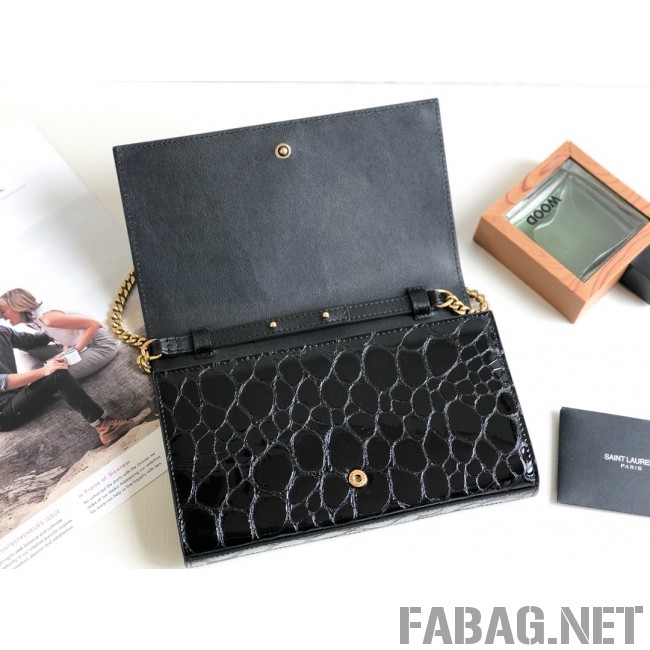 Saint Laurent Kate Wallet on Chain in Patent Tortoise Embossed Leather 377828 Black 2019 (KTS-9021839 )