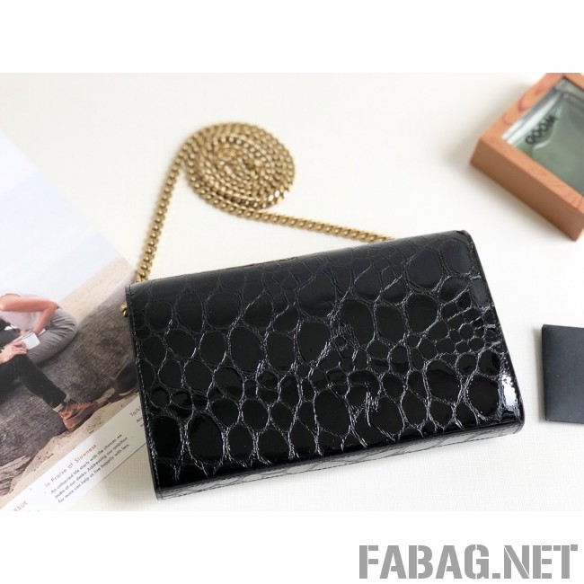 Saint Laurent Kate Wallet on Chain in Patent Tortoise Embossed Leather 377828 Black 2019 (KTS-9021839 )