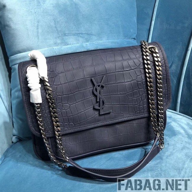 Saint Laurent Medium Niki Chain Bag in Matte Crocodile Leather 533037 Blue 2019 (2A084-9031610 )